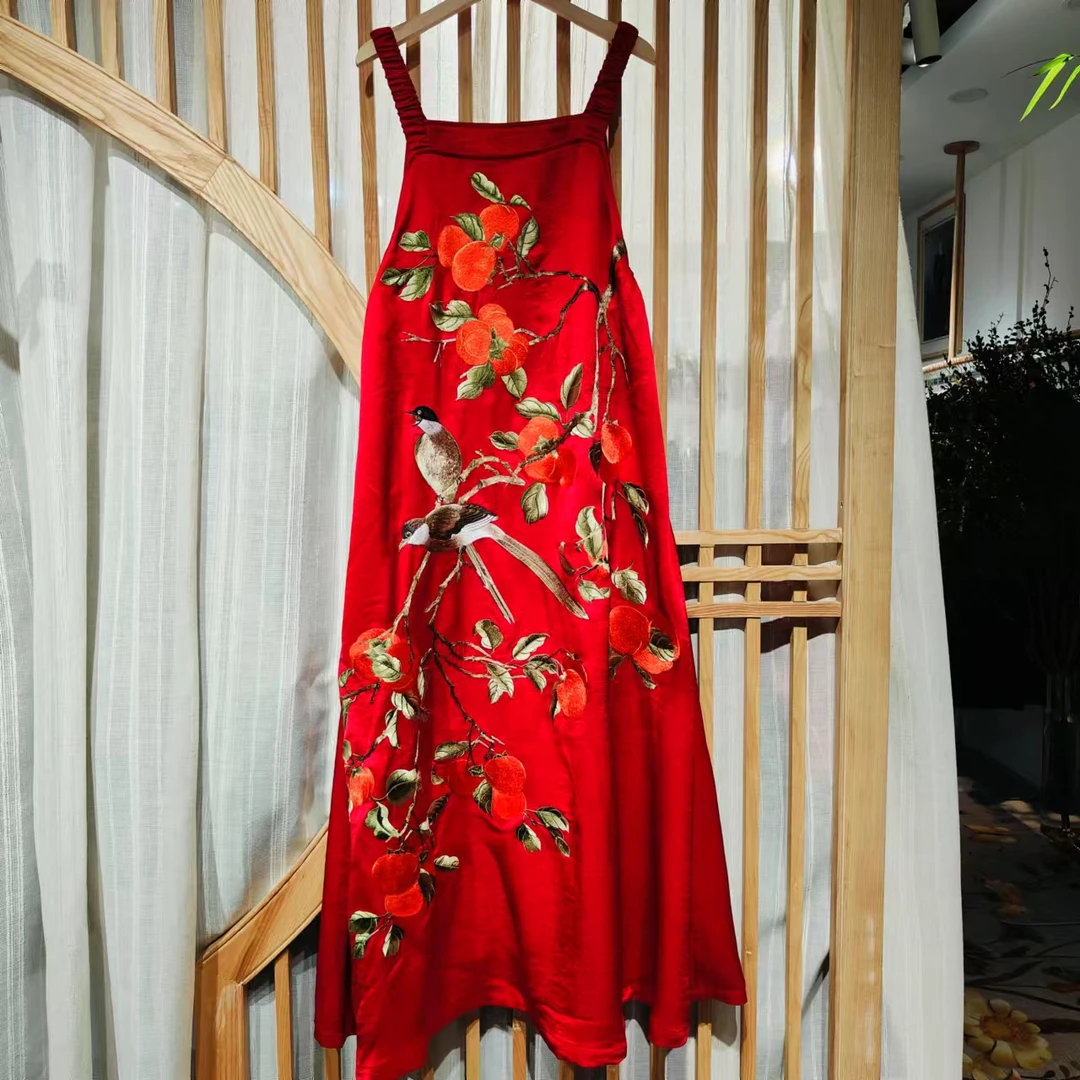 凤徕兮私人定制红色光板底柿柿如意喜鹊刺绣背带裙（LK110-10）红