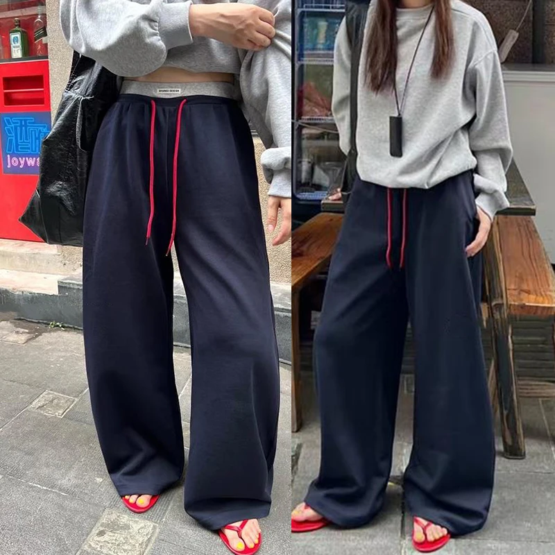 韩版撞色抽绳高腰阔腿裤卫裤女2025秋季新款直筒宽松休闲裤长裤