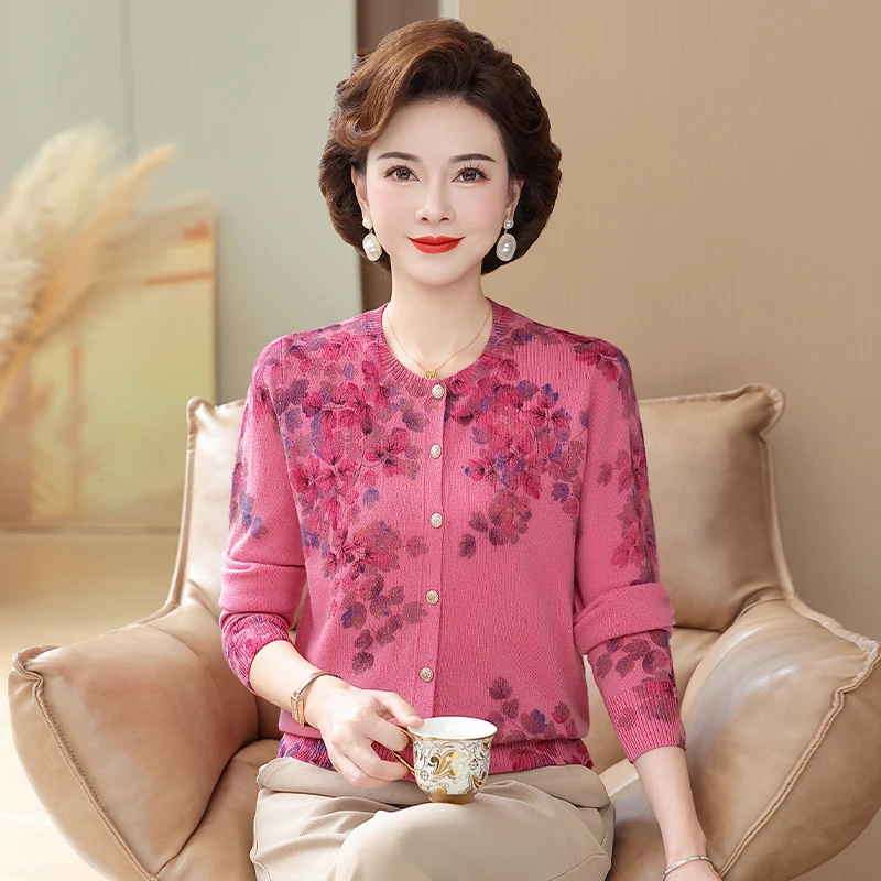 2025新款洋气妈妈保暖中老年全羊毛秋冬洋气数码印花针织毛衣开衫