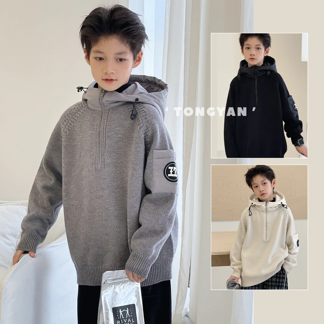 爆款男童毛衣冬季新款中大童连帽针织衫加厚上衣儿童线衣韩G1006
