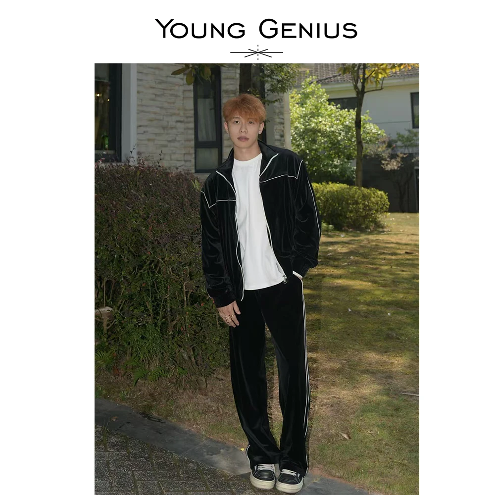 Young Genius美式休闲立领丝绒夹克外套情侣装穿搭一整套休闲裤