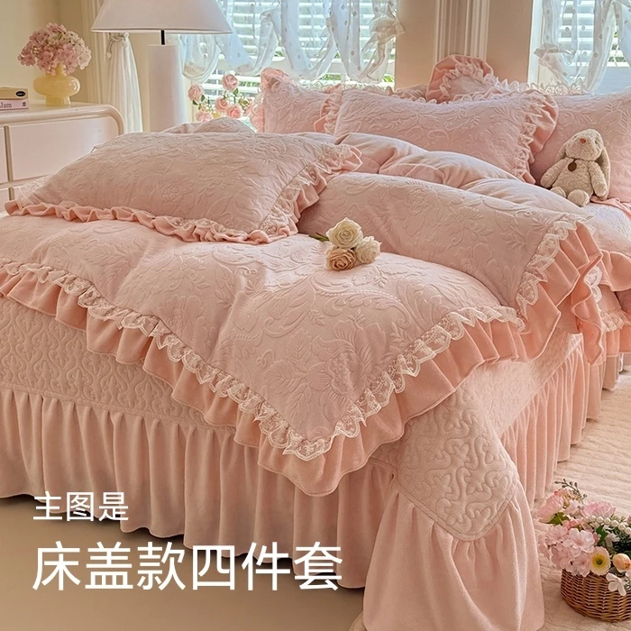 公主风韩式花边雕花牛奶绒四件套冬季双面加绒加厚床盖保暖防静电