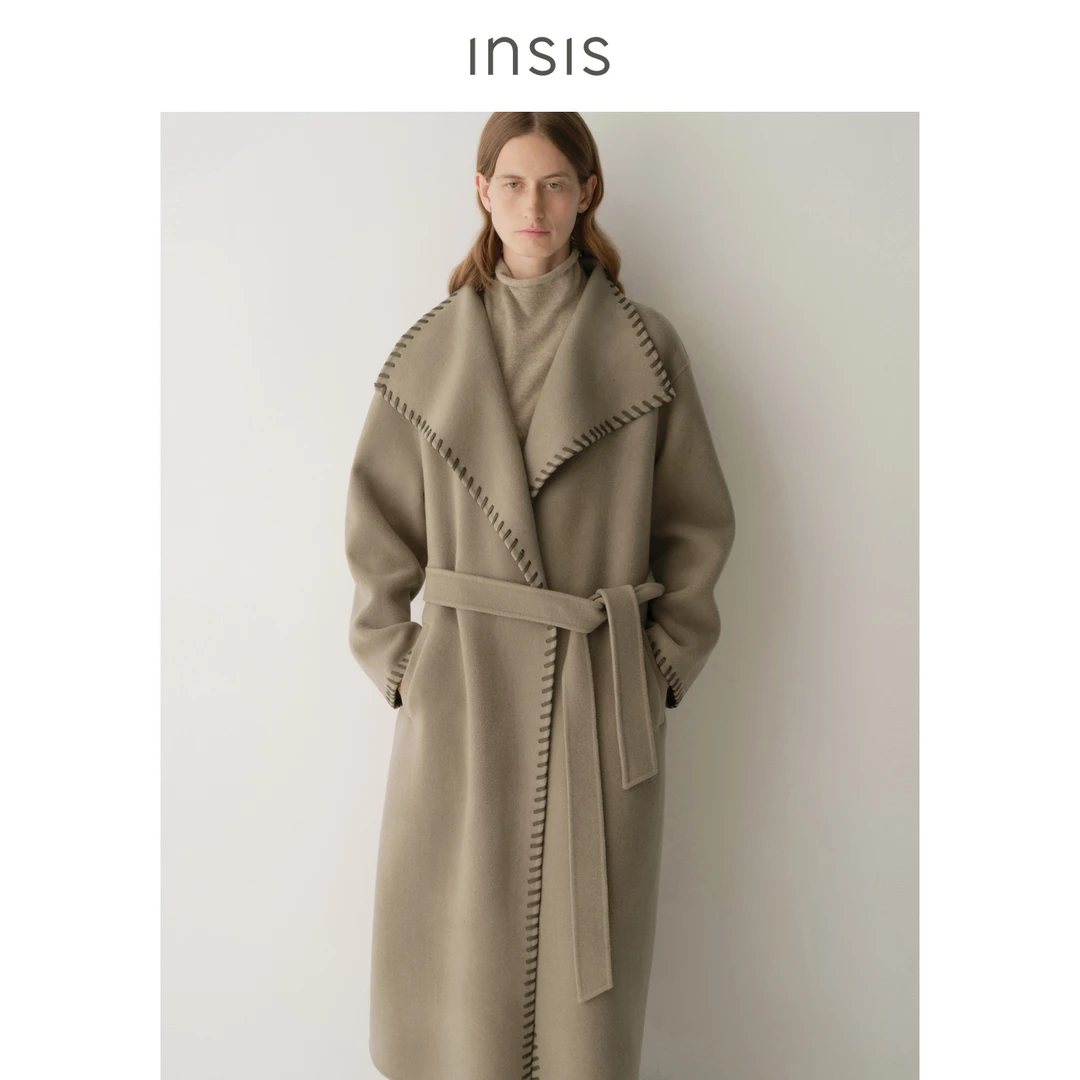 INSIS FEMME绵羊毛2025冬季双面呢游牧皮袢包边大翻领长款大衣女