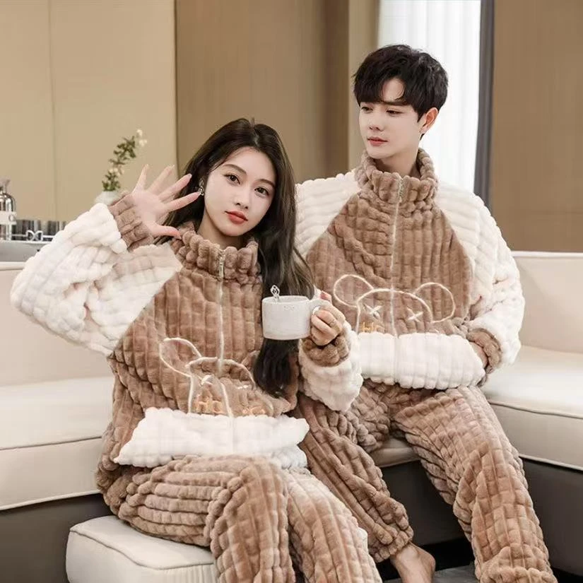 情侣家居服珊瑚绒睡衣爆款2025新款拉链小熊睡衣加绒加厚睡衣套装