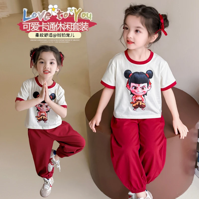 女童哪吒亮灯短袖长裤套装夏季2025新款洋气女孩时髦夏装两件套潮