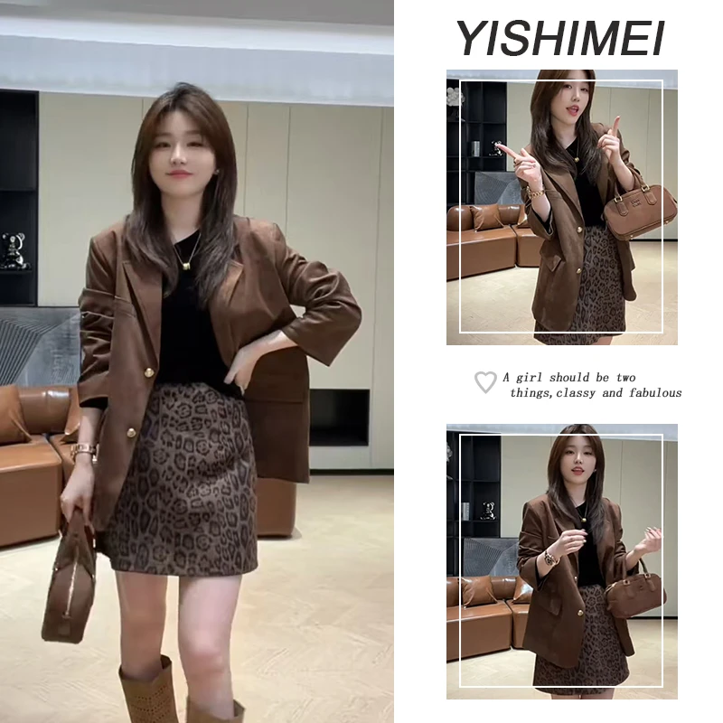 早秋时尚穿搭2025年新款韩系复古气质休闲西装外套豹纹短裙两件套