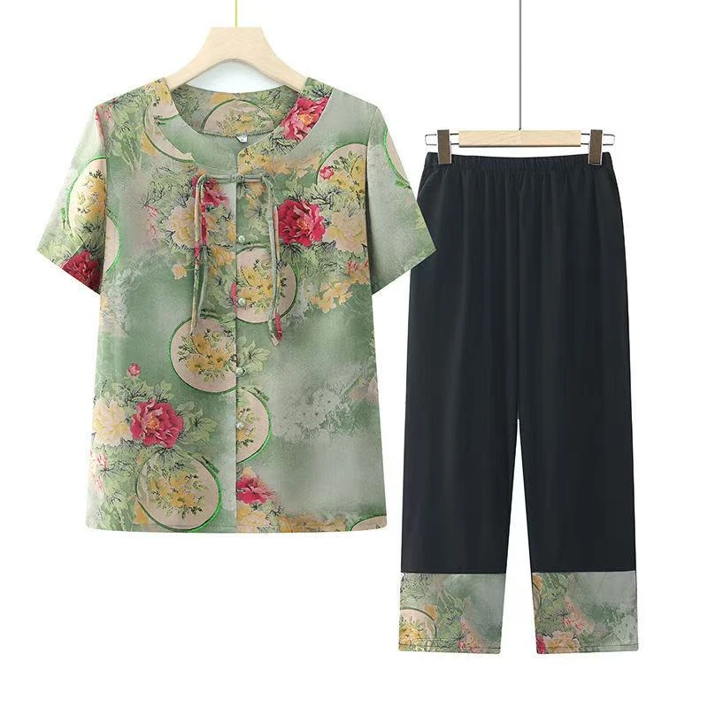 9171-妈妈装夏季短袖套装新中式国风中老年夏季两件套【C7-4-2】