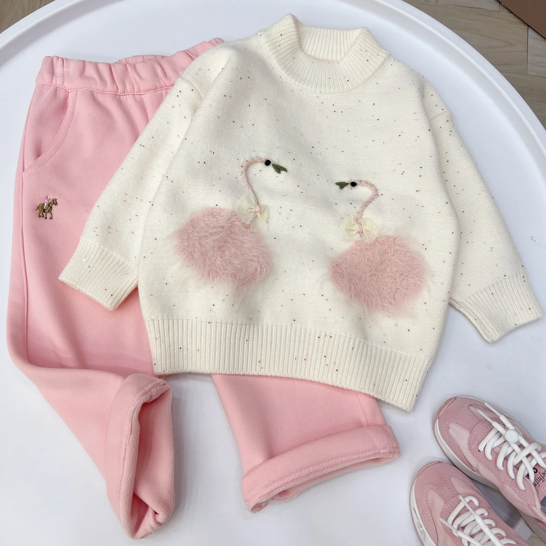 新款秋冬儿童洋气打底圆领毛衣火烈鸟亮片套头上衣时尚百搭女童