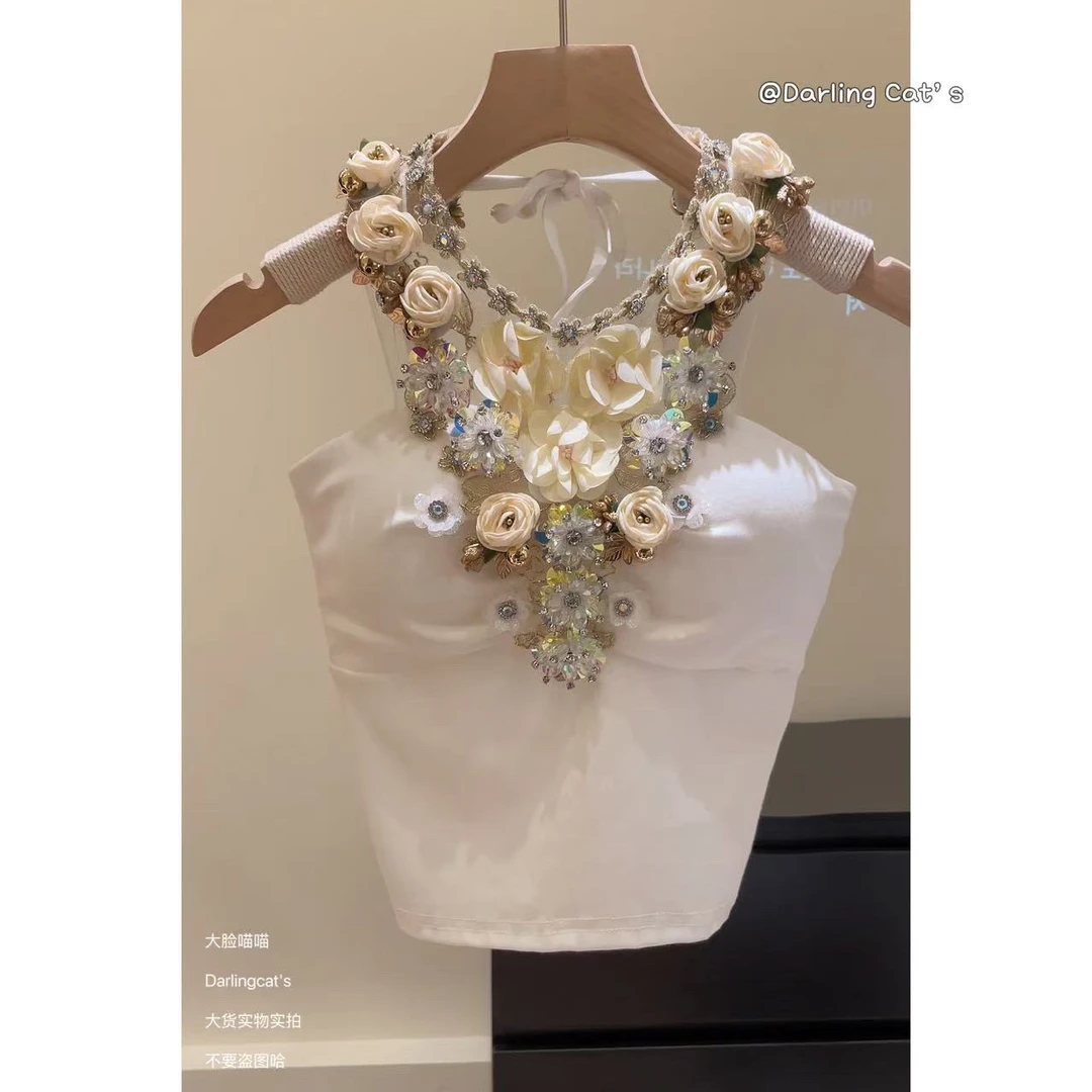 大脸喵 现货 花团锦簇 带胸垫 重工钻珠花朵夏纯欲仙女挂脖背心