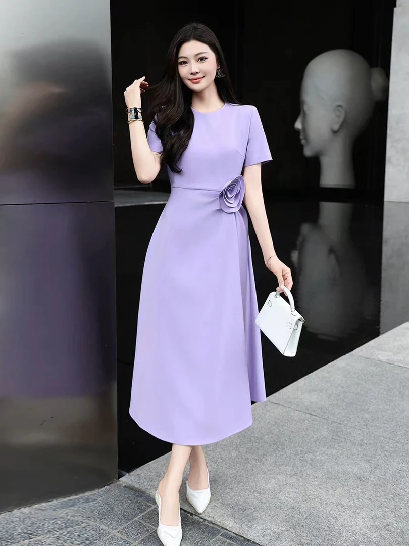 长裙宴会夏季裙子中长款圆领法式紫色短袖连衣裙修身短袖收腰