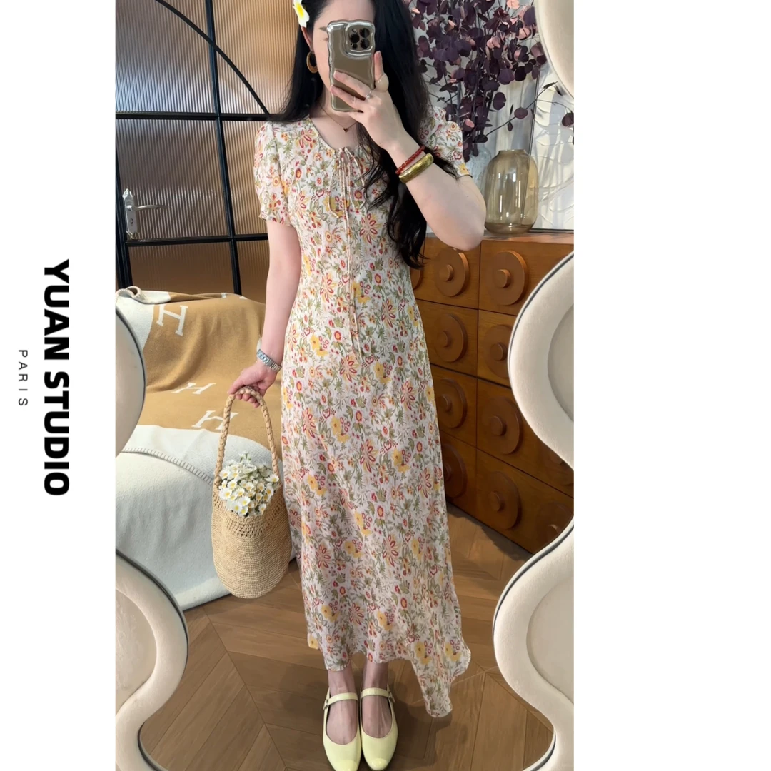 YUAN 【塞纳花园】夏季法式花卉复古斜裁显瘦遮肉单层薄款连衣裙