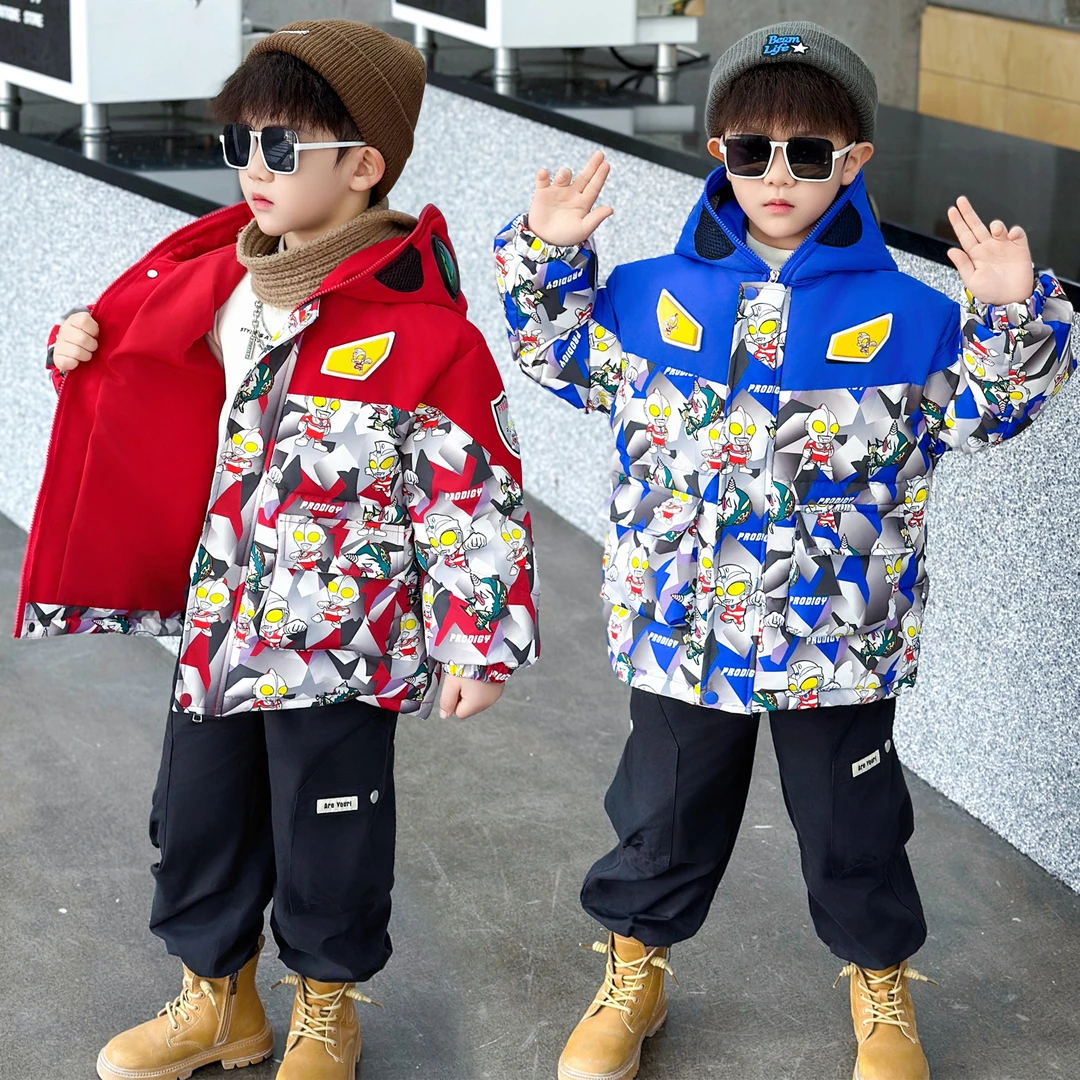 【正版正品】2025新款童装秋冬保暖儿童羽绒服男孩奥特曼卡通连帽
