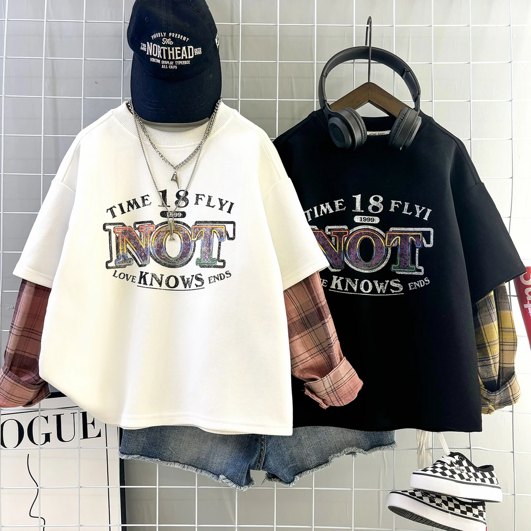 男童洋气潮流韩版假两件春秋长袖卫衣2025新中大童宽松休闲百搭