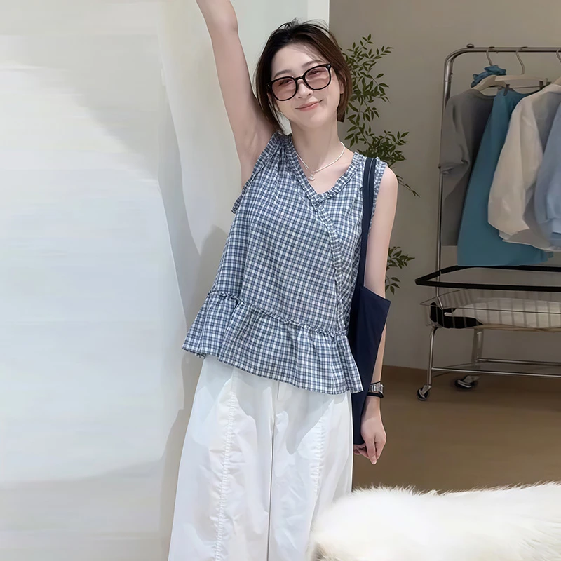 背心女夏季格子V领无袖套头衬衫
