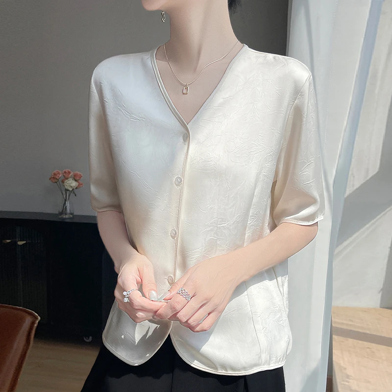 【现货宠粉】新款纯色通勤短袖直筒女缎面衬衫法式法式橘色长袖小衫