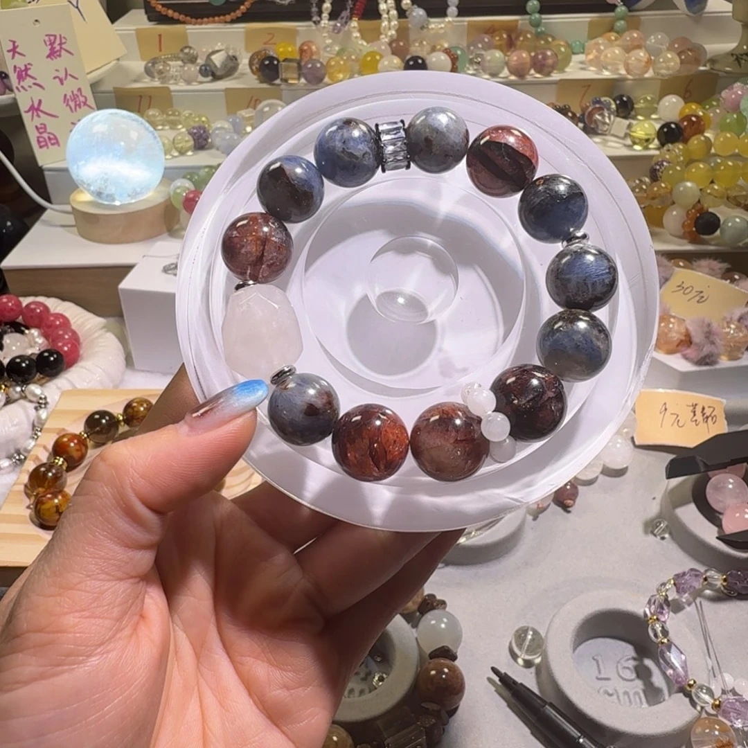 水晶未镶嵌手链油画蓝晶➕红胶花14+