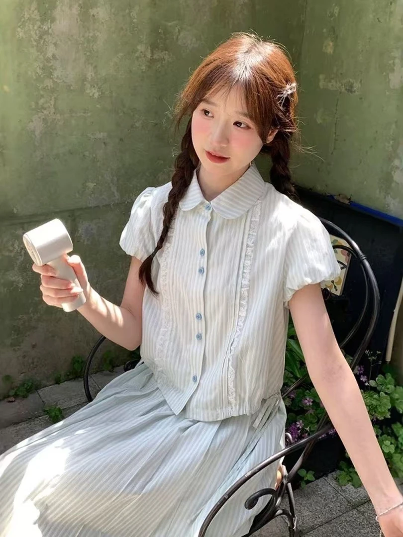 甜美清新田园时尚套装百褶连衣裙白色欧美风中性风6512