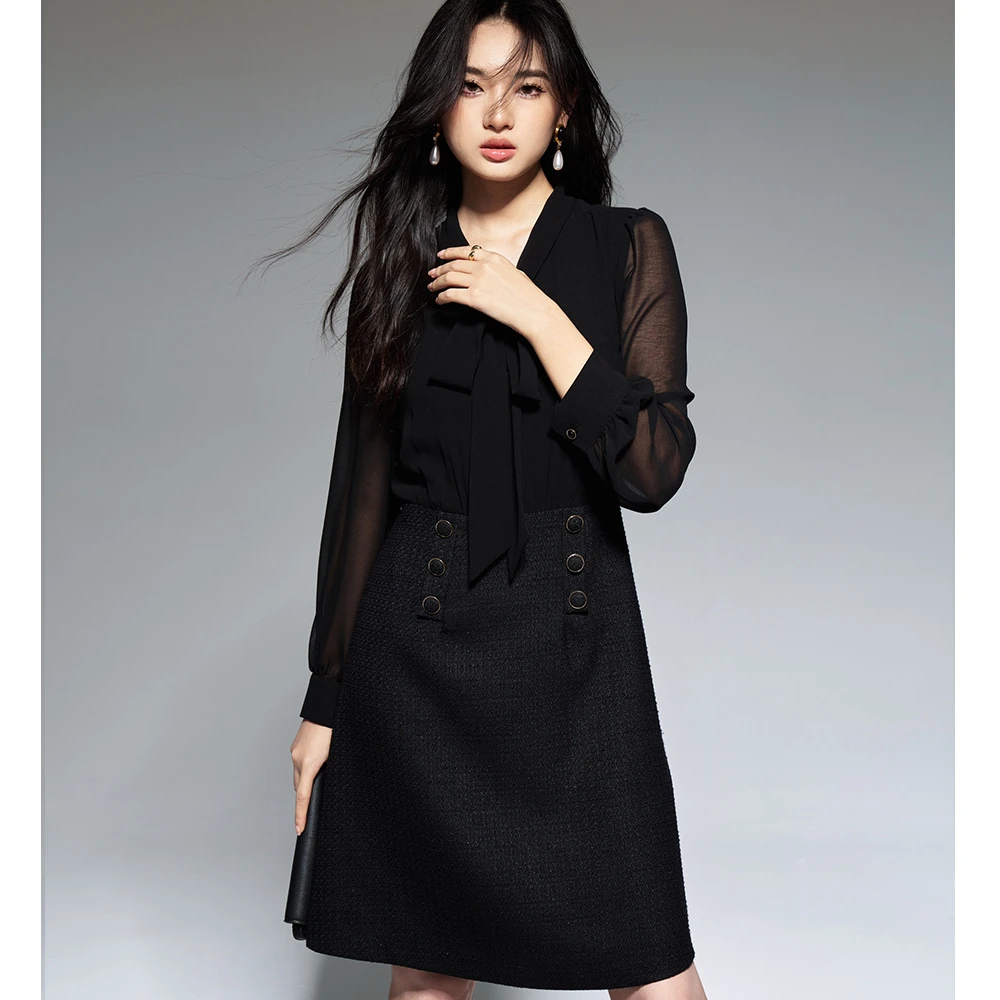 【潮湃】秋冬收腰裙子法式复古名媛风飘带蝴蝶结假两件小香风连衣裙