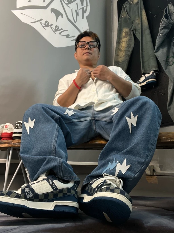 长裤夏季薄款弹力牛仔裤阔腿裤设计破洞美式鞋子干净感痞帅男鞋