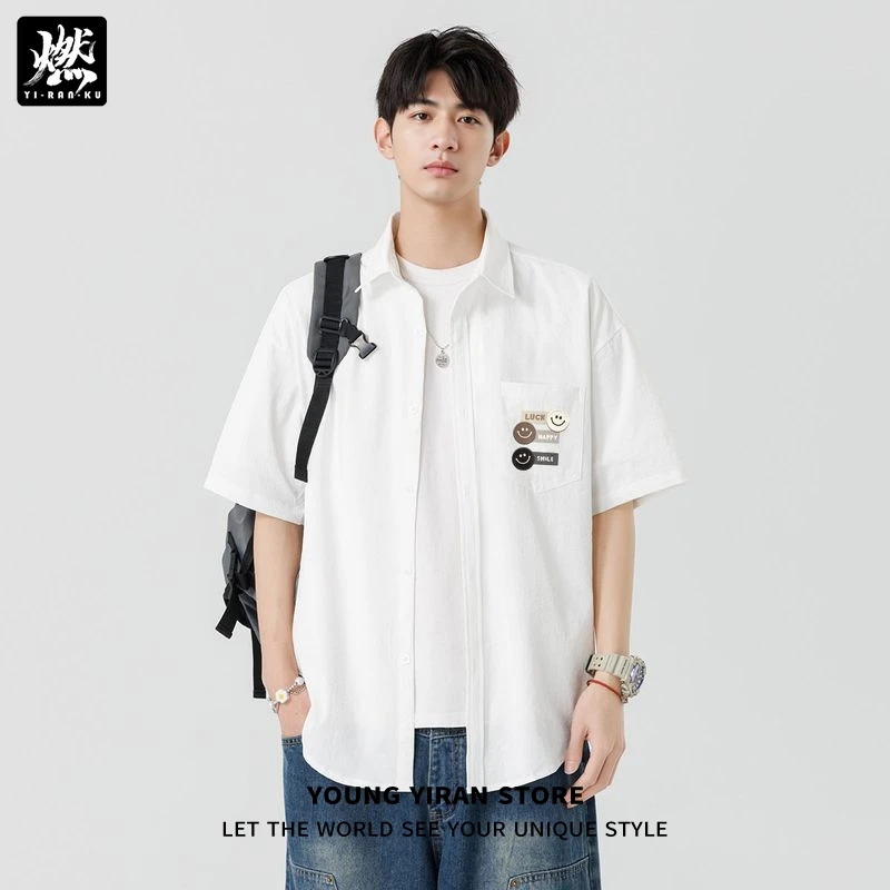 夏季薄款衬衫男士短袖百搭设计感情侣衬衣美式翻领印花男女款半袖