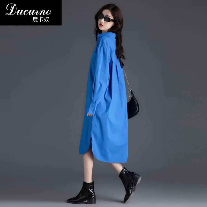 衬衣裙女春秋季蓝色时尚连衣裙2025新款休闲长裙中长款衬衫裙子