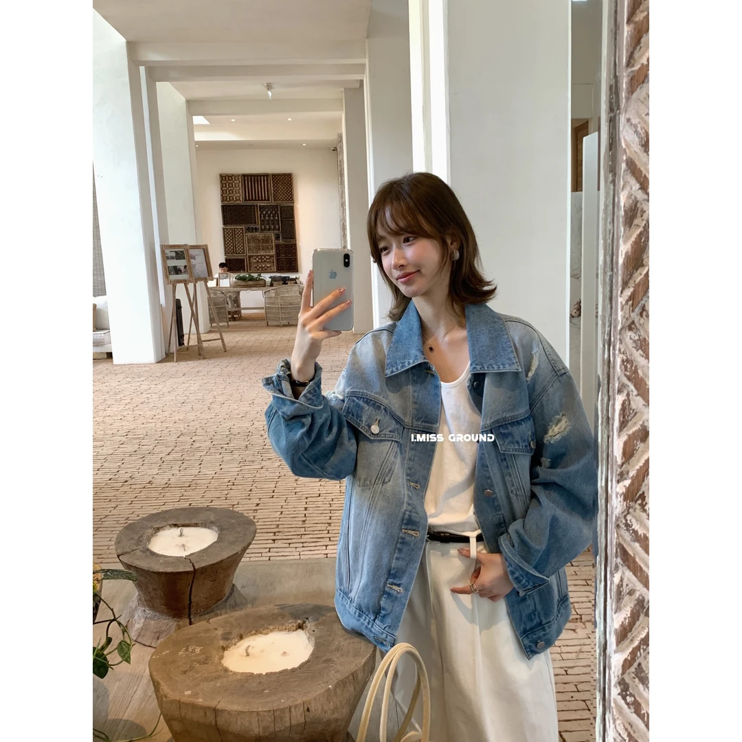 美树【IMISS】韩标 ！复古破洞翻领宽松牛仔外套  Z6013#