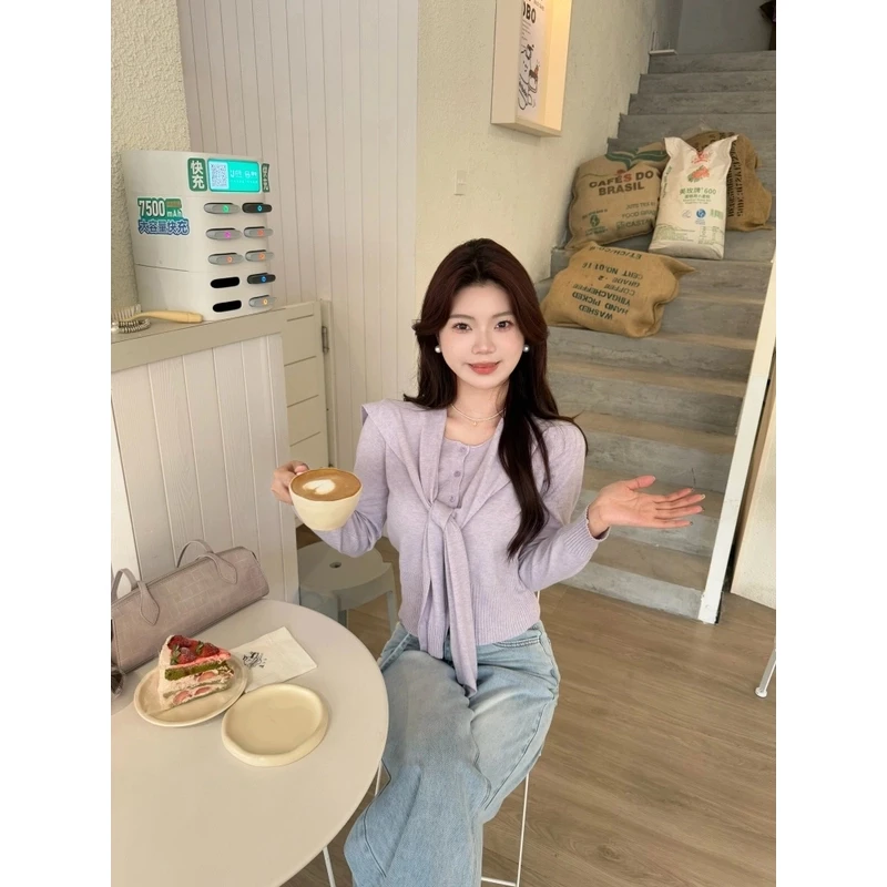韩系慵懒风显瘦针织开衫女叠穿外搭披肩长袖上衣两件套