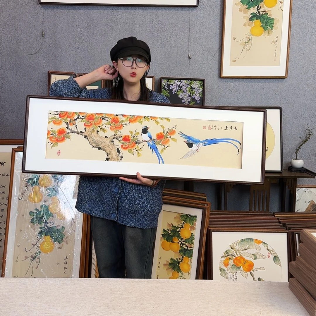 国画纯手绘，纯手写带框尺寸：40×123厘米