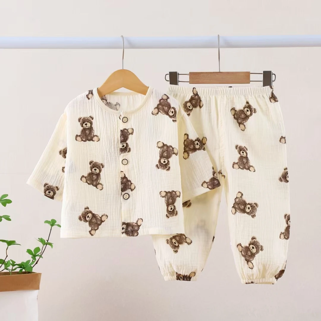 儿童薄款双层棉纱布睡衣夏季居家服灯笼裤空调服男童女童宝宝吸汗