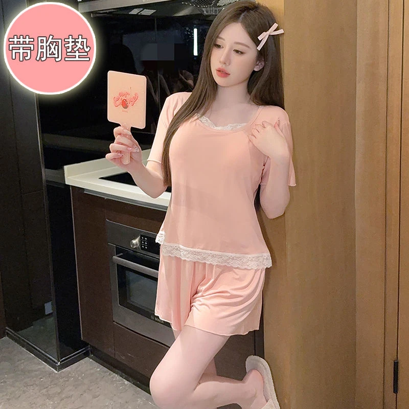 莫代尔睡衣女款夏季带胸垫短袖短裤大码200斤ins风性感蕾丝家居服