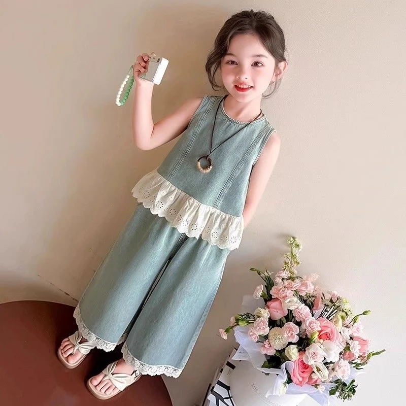 女童2025夏季新款小童洋气韩系无袖花边牛仔背心宽松阔腿裤两件套