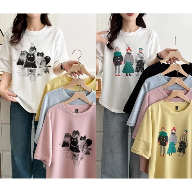 大码女装胖mm夏季卡通印花短袖T恤宽松显瘦巨减龄200斤半袖上衣潮