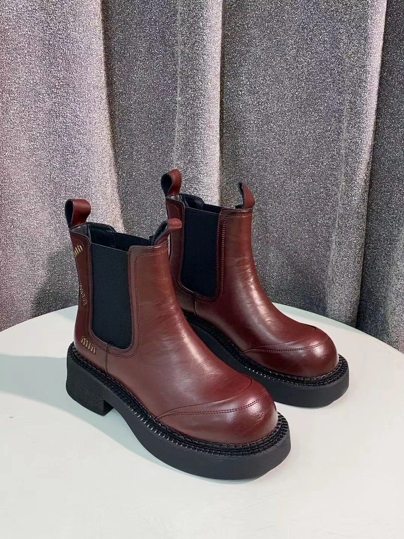 C2106 红色 时尚粗跟圆头真皮厚底中筒靴 烟筒靴