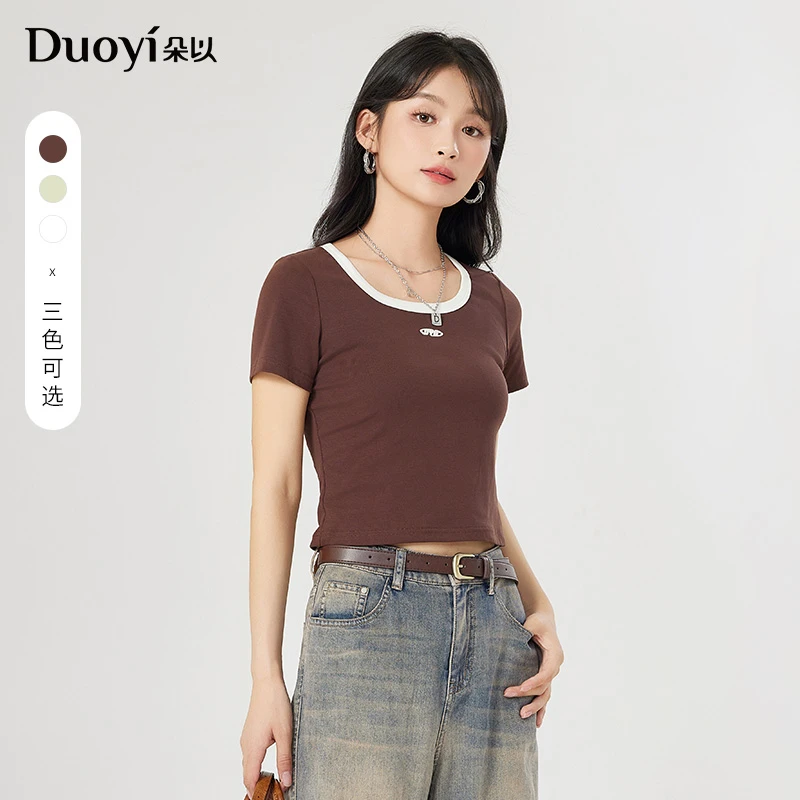 朵以2025夏季新款简约百搭U领撞色印花短袖T恤显瘦短款39DX333007