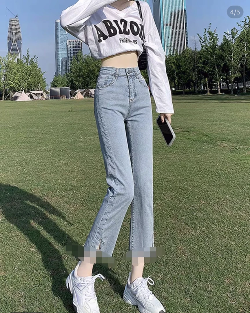 高弹力九分直筒开叉烟管牛仔裤