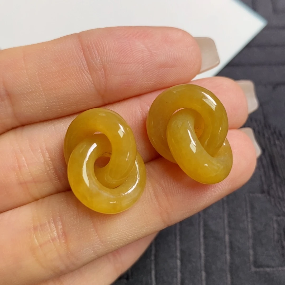 翡翠未镶嵌耳饰满黄翡双环