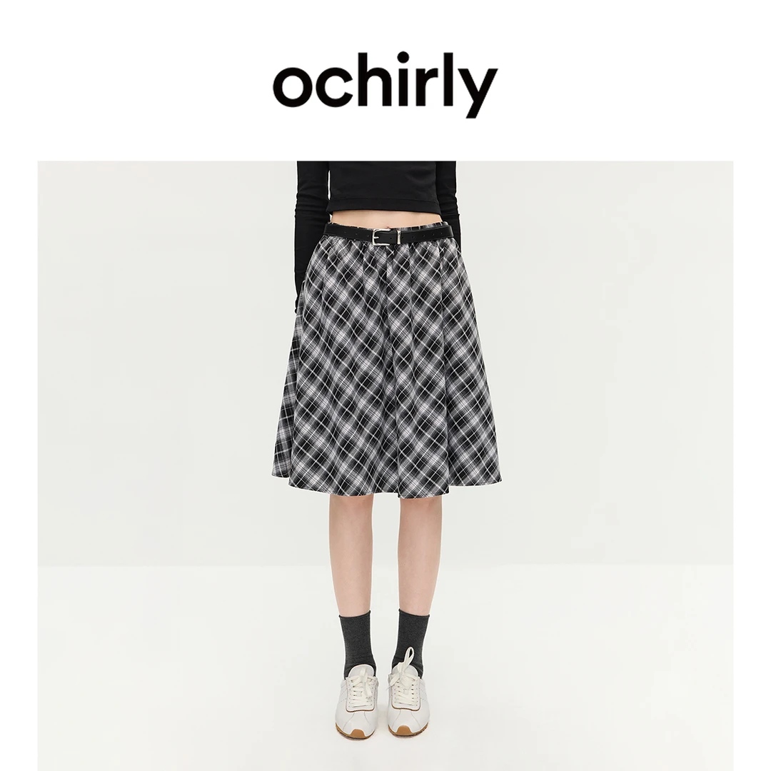 【季末折扣】欧时力 磨毛格子a字半身裙中长款伞裙复古25秋冬新品