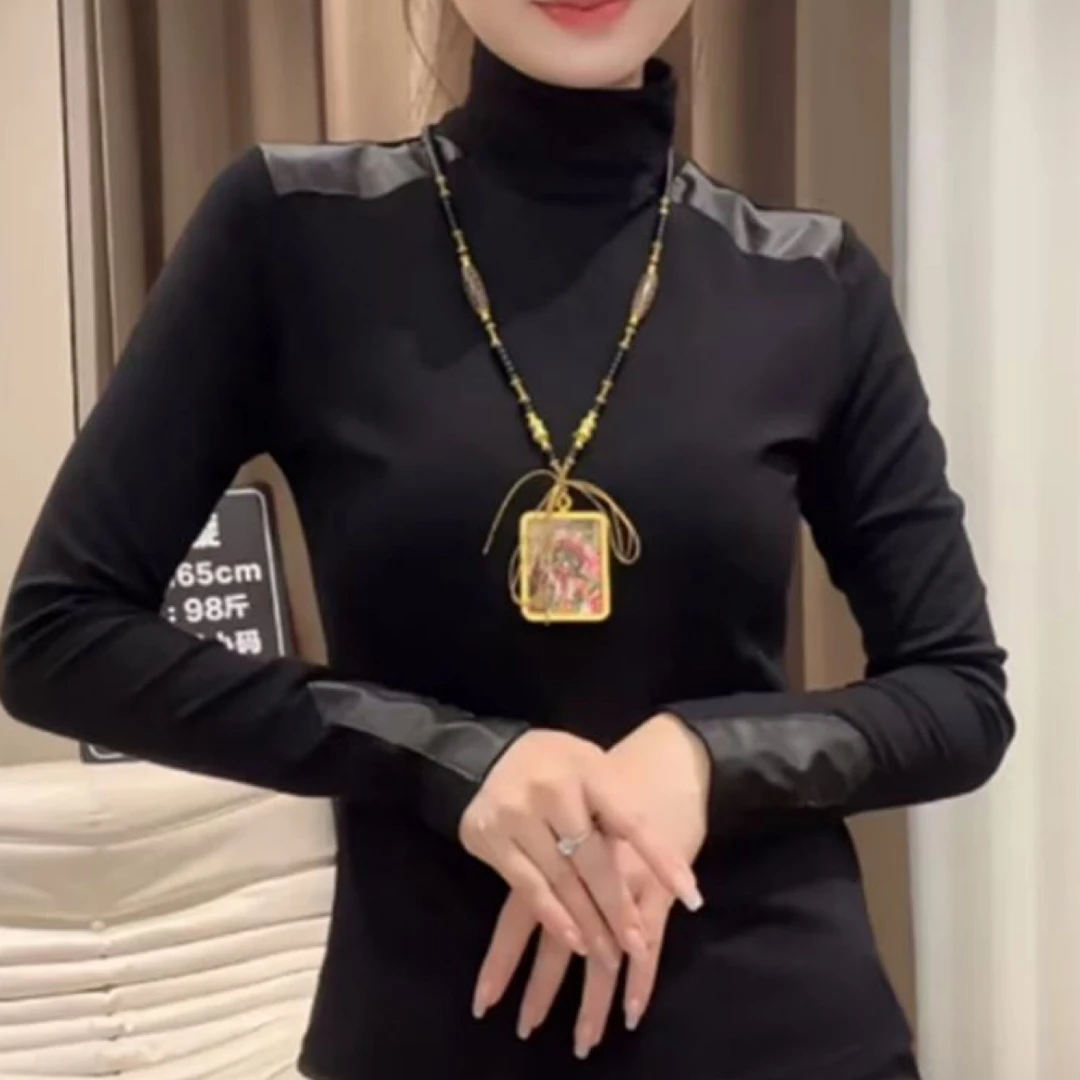 2025秋冬保暖长袖高领显瘦打底衫万能百搭拼皮气质上衣女