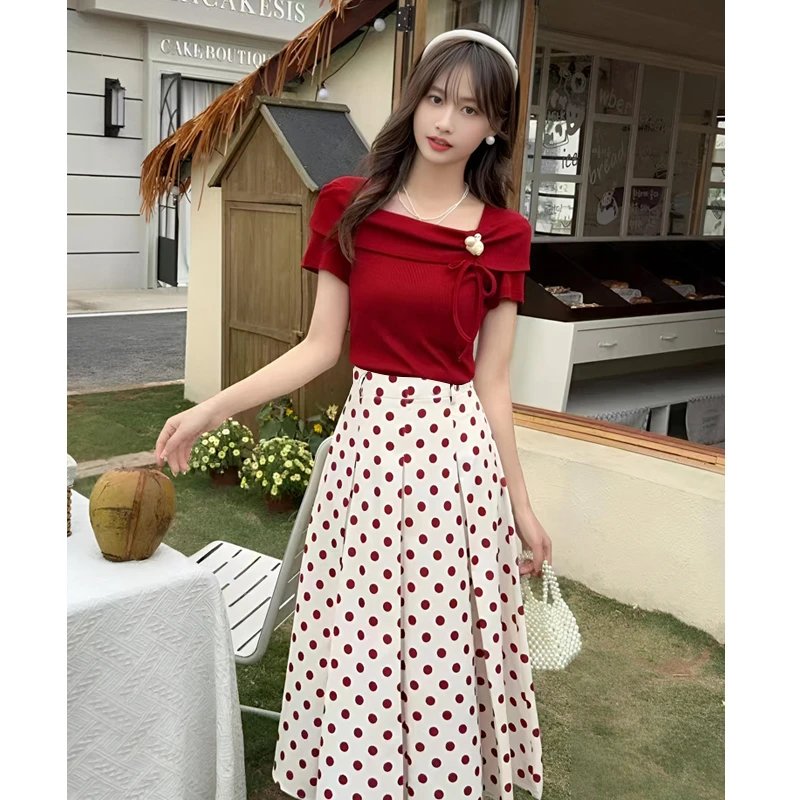 ASY/2025夏季短袖法式波点套裙法式套装显瘦气质高腰时尚中长款