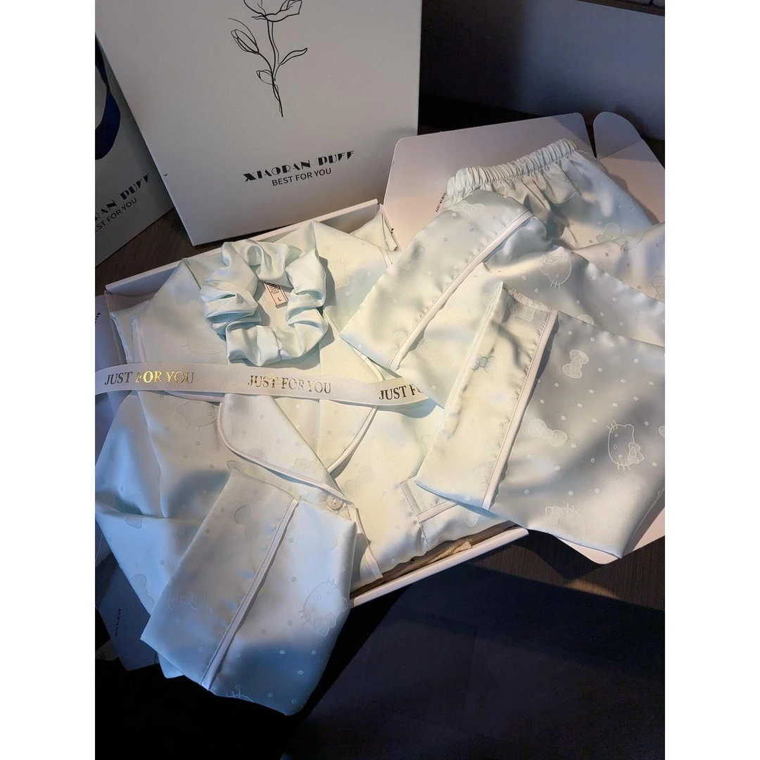 【波点kt猫】高级感甜妹可爱冰丝睡衣女开春2025新款长袖家居服