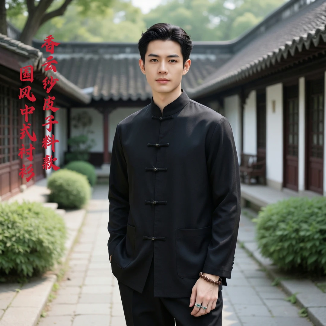 九吉多多香云纱重段桑蚕丝男装中式盘扣男士休闲长袖衬衫82275