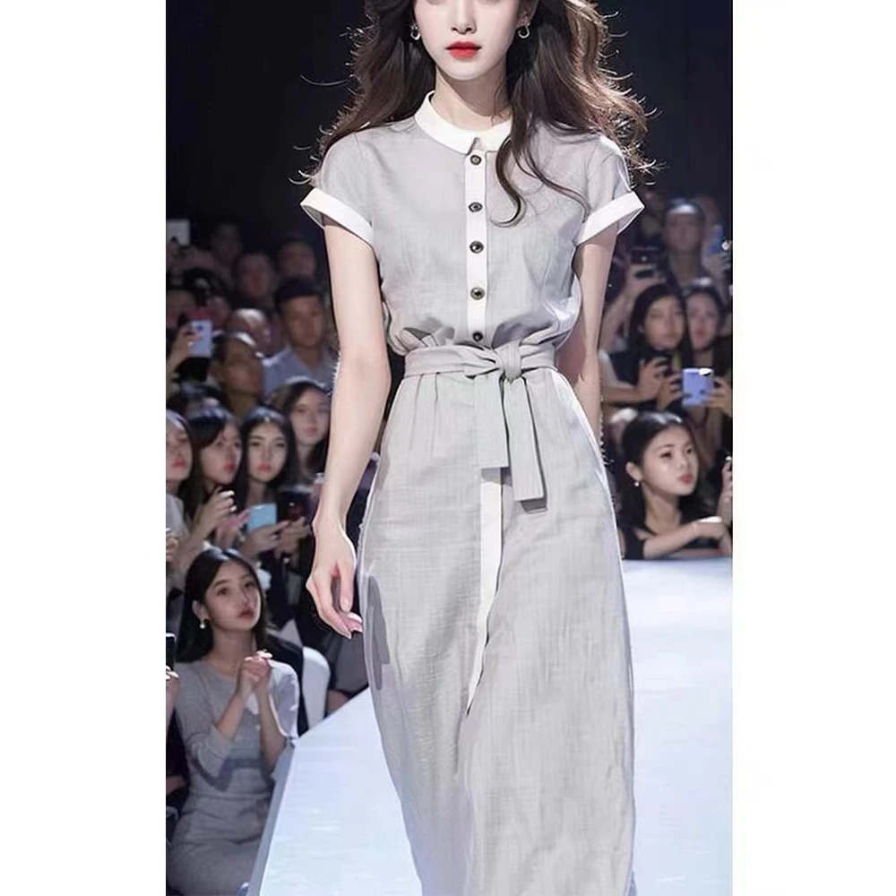 小个子显高显瘦高级感灰色棉麻亚麻连衣裙子长裙2025新款夏季女装
