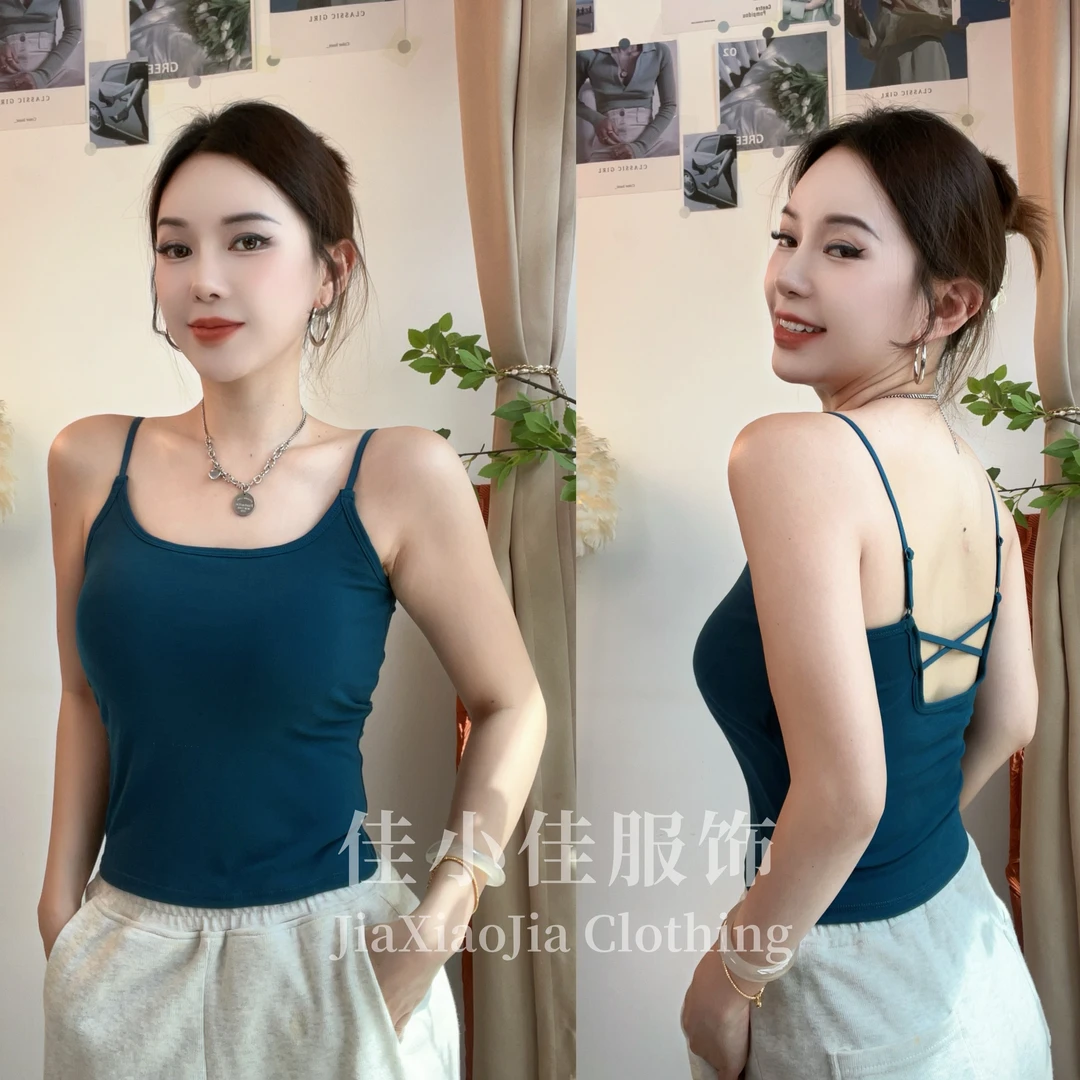 夏季吊带后背交叉背心女外穿带胸垫无袖美背文胸一体辣妹露背上衣
