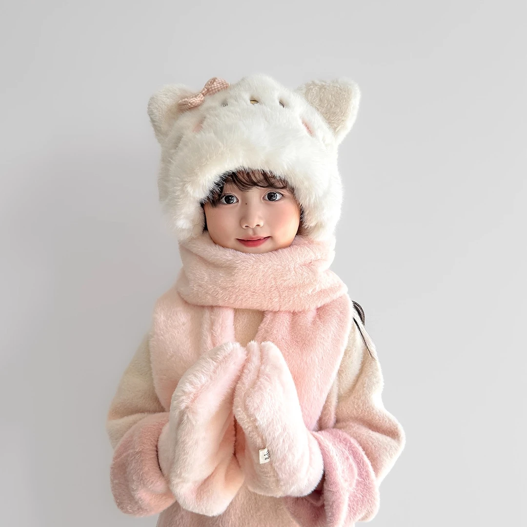 儿童帽子围巾手套一体帽冬季可爱猫咪宝宝毛绒帽三件套女童护耳帽