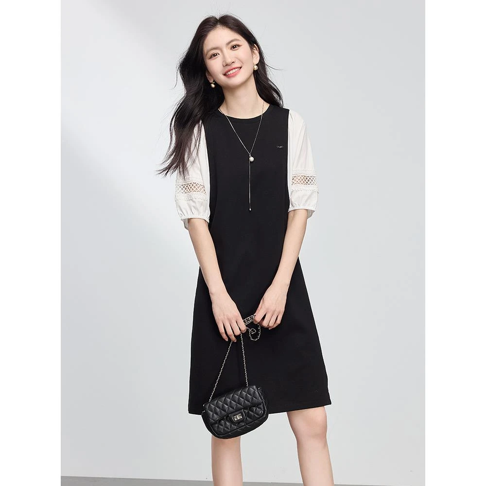 DUCURNO假两件黑色连衣裙女2025夏季新款法式镂空泡泡袖拼接裙子