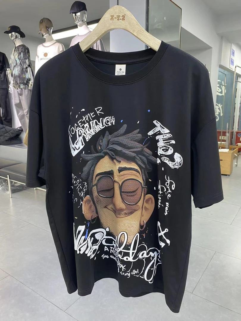 编号21-40圆领短袖通用夏季T恤百搭潮流印花上衣长款男士