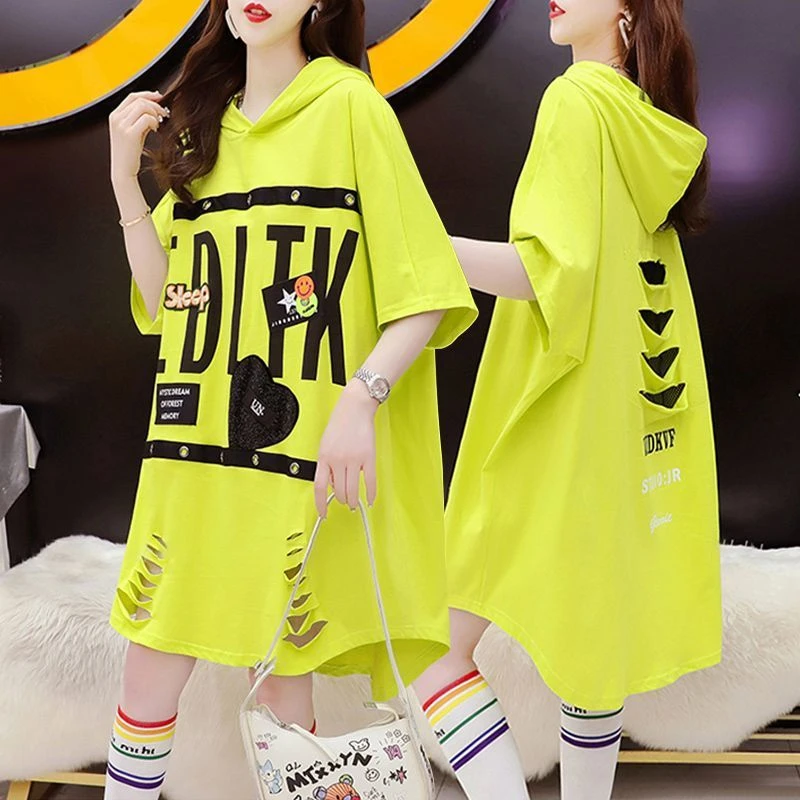 网红洋气设计感连帽短袖T恤女2025夏季新款宽松中长款体恤衫上衣