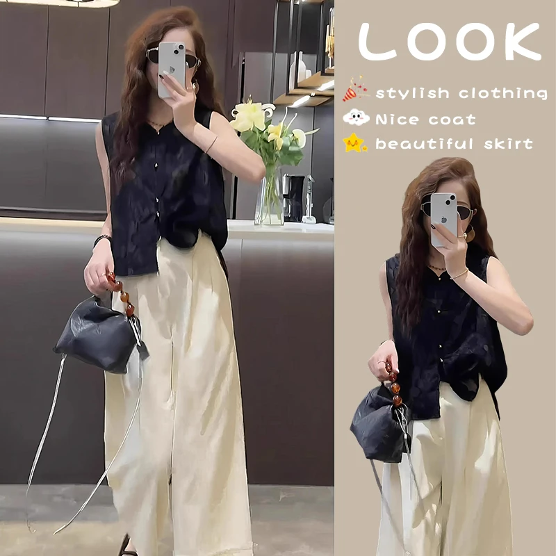 2025超火夏装一整套小众不撞款大方得体穿搭无袖上衣两件套装女装