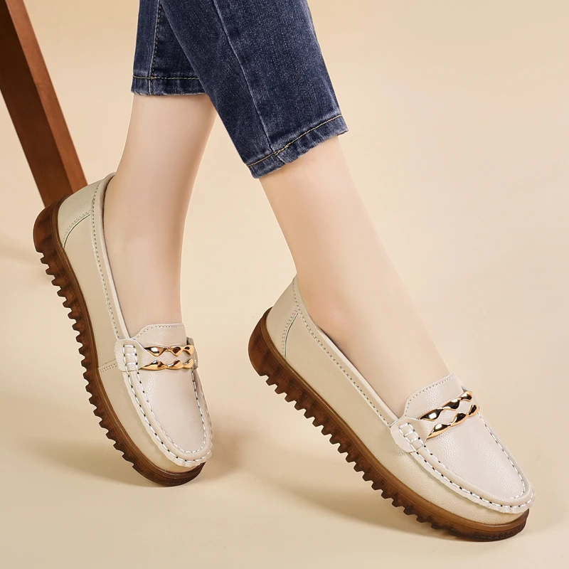 真皮单鞋女春秋新款豆豆鞋软底护士鞋百搭平底牛筋防滑女士妈妈鞋