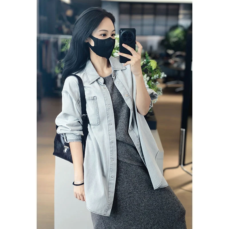 美洋MEIYANG 烟雾灰牛仔衬衫 长绒棉_翻领排扣斜裁贴袋休闲衬衣E